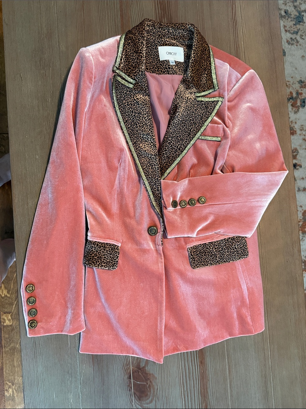 Oyrosy Pink Velvet Leopard Print Blazer Jacket Pink Gold Size M Chic Glam